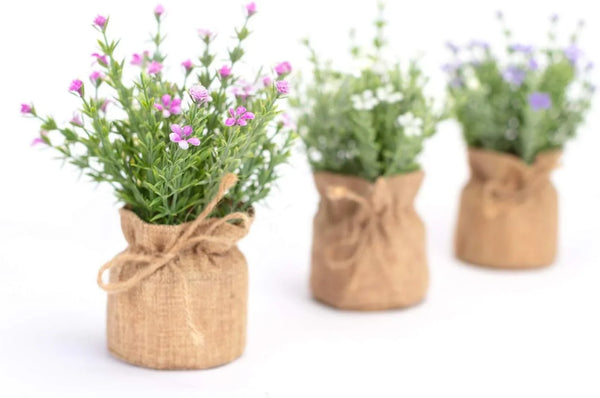 Babys Breath Artificial Flowers in Small Burlap Bag Vases 3Pcs -Gypsophila Faux Flowers Farmhouse Home Coffee Table Bookshelf Office Desk Decorations Kitchen Dining Room Fake Plants Indoor8