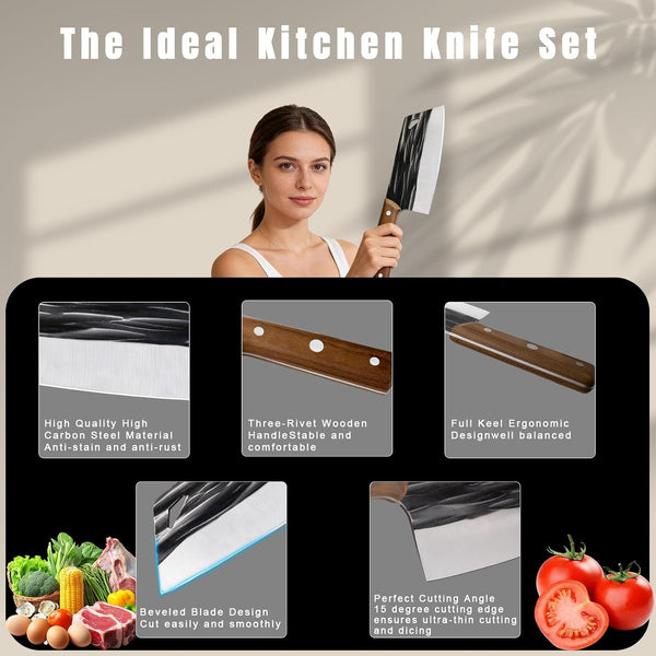 Kitchen Knife Set, Solid Wooden 2PCS Hand Forged Meat Cleaver Knife3
