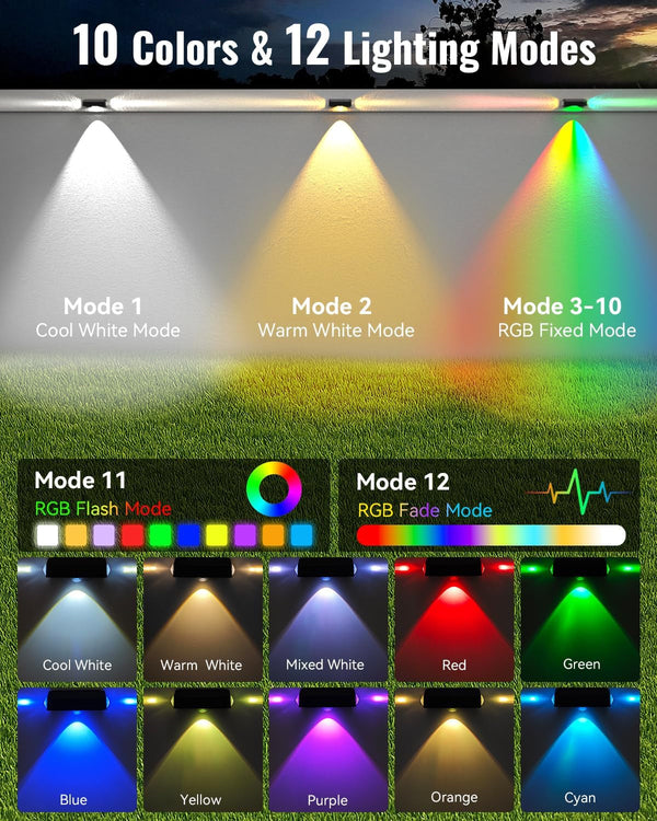 Solar Fence Lights Outdoor, 8 Pack 12 Mode RGB Color Changing & Warm/Cool White, Waterproof IP65 3-LED Dusk to Dawn Fence Lights Solar Powered for Wall, Railing, Patio, Step, Backyard, Outside4