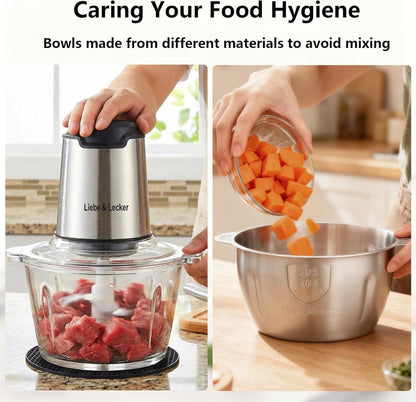 Electric Food Chopper, 350W Food Processor with 2 Bowls | Dual 8-Cup Stainless Steel Meat Grinder, 2-Speed Vegetable Chopper with 4 Sharp Blades for Nuts, Puree Recipes, Zero BPA4