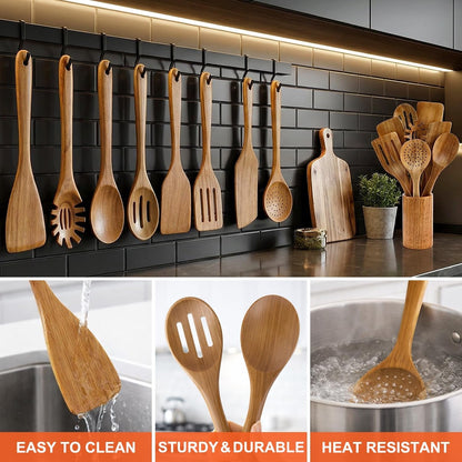 9 Pcs Wooden Kitchen Utensils Set with Holder Cooking Spoons Wood Spatula5