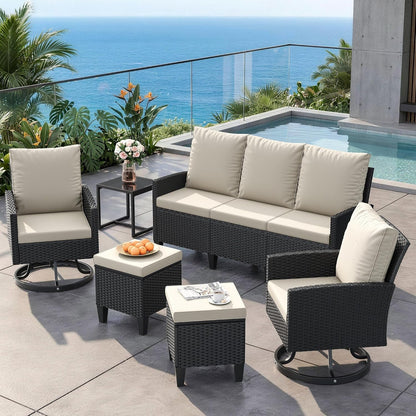 7 Seats Patio Furniture Set, 360° Swivel Chairs, 6 Pieces, Beige8