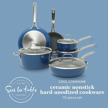 Sur La Table Kitchen Essentials Cool Commune Hard Anodized 10 Piece PFA Free Ceramic Non Stick Interior Forged Durable Aluminum Pots and Pans Cookware Set - Blue - Induction Compatible2