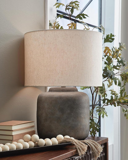 Signature Design by Ashley Zandophen Metal Table Lamp, Antique Gray, Casual Accent Lamp with Fabric Drum Shade and 3-Way Switch2
