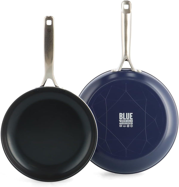 2 Piece Nonstick Frying Pan Set, 9.5” & 11" Skillets, Pfas-Free Ceramic, Dishwasher & Oven Safe, Stainless Steel Handle, Durable Metal Utensil Safe, Egg & Omelet Pans, Blue | 9.5" X 11" Skillets, Pfas-Free Ceramic Nonstick, Dishwasher & Oven Safe, Stay Cool Handle, Durable Metal Utensil Safe1