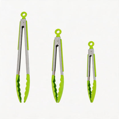 Stainless Steel Heat Resistant Kitchen Tongs for Cooking Non Scratch Silicone Tip, 7+9+12 Inch Set of 3,BBQ Tong (Green)1