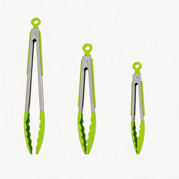 Stainless Steel Heat Resistant Kitchen Tongs for Cooking Non Scratch Silicone Tip, 7+9+12 Inch Set of 3,BBQ Tong (Green)1