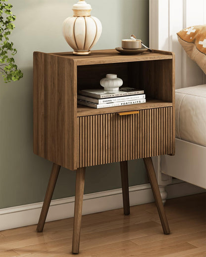 Nightstand,Modern Bedside Table with Storage Drawer and Open Wood Shelf, for Living Room, Bedroom and Small Spaces, Accent Night Stand with Solid Wood Legs, Easy Assembly,Walnut Brown1