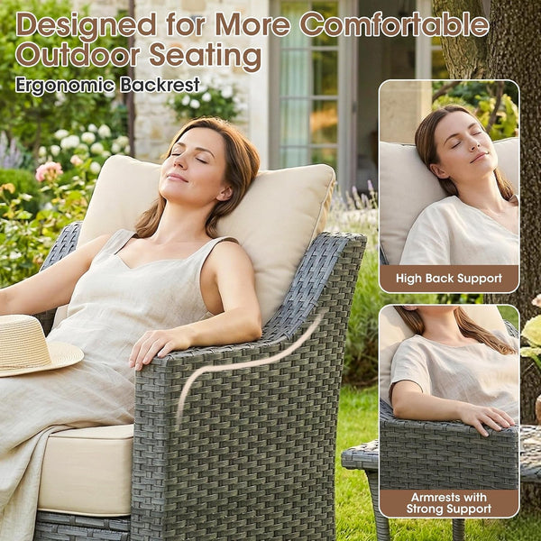 6 Piece Patio Furniture Set, Grey Wicker Outdoor Conversation Set with 4 Swivel Rocker Chairs and 2 Side Tables, 6-Inch Thick Cushions, Beige Olefin Covers for Patio, Porch, Deck4