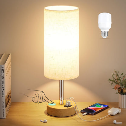 Bedside Table Lamp for Bedroom - 3-Way Dimmable Touch Lamp, USB A+C | LED Bulb Included, 14" Small Nightstand Lamp for Desk, Living Room, Guest Room, Cream Fabric Lampshade, Wood-Grain Metal Base1