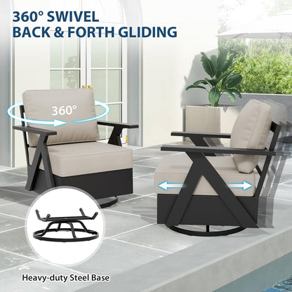 Iron Luxe 7 Piece Outdoor Patio Furniture Set, Modern Patio Conversation Set with 4 Swivel Rocking Chairs, a 3 Seat Couch, Coffee Table & Side Table for Deck, Garden, Porch, Black/Beige2