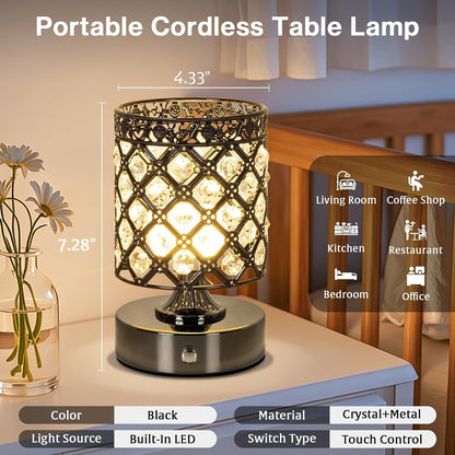 Black Small Crystal Rechargeable Cordless Table Lamps Set of 22