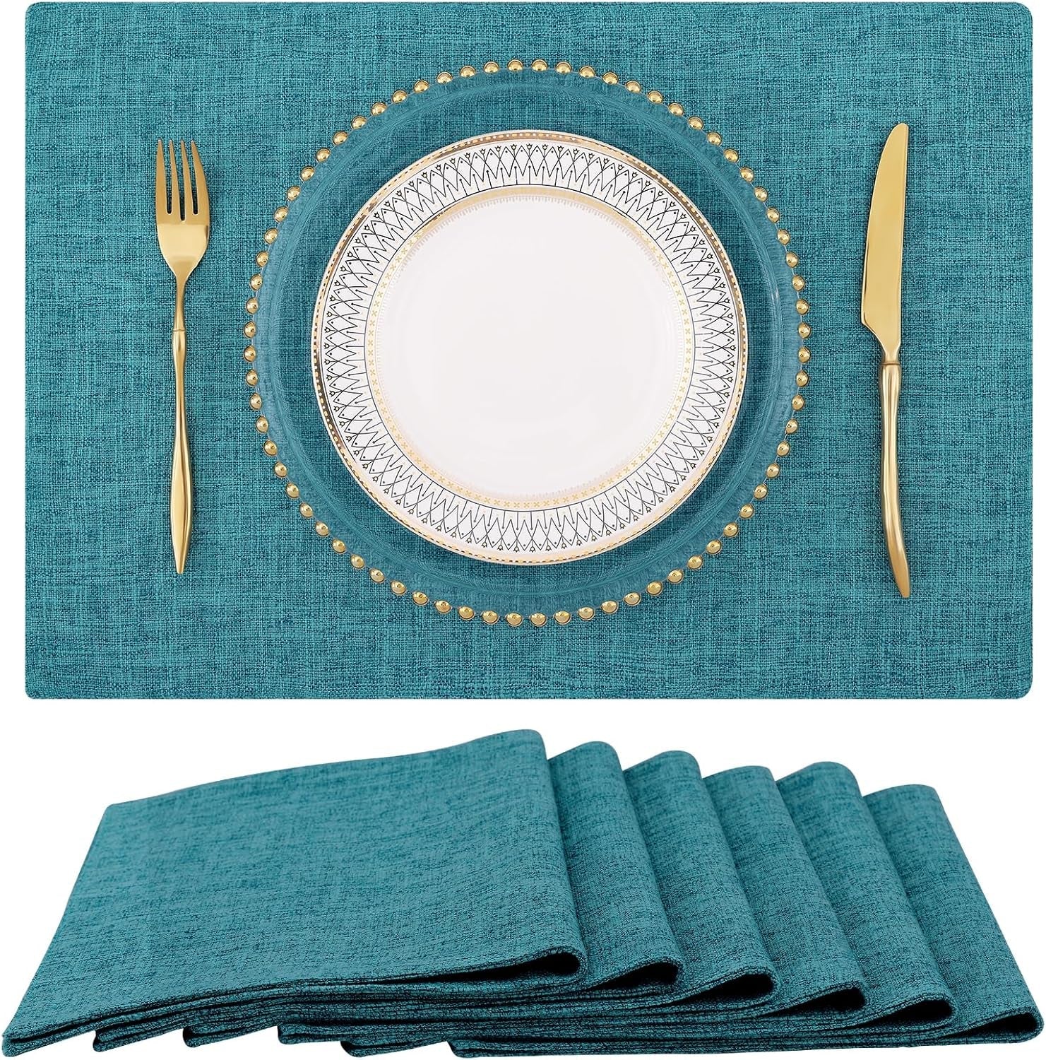 faux-cotton-linen-placemats-set-of-6-cloth-washable-farmhouse-dining-table-mats-for-indoors-outdoors-easy-to-clean-teal-13-x-19-inch