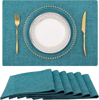 Faux Cotton Linen Placemats Set of 6, Cloth Washable Farmhouse Dining Table Mats for Indoors & Outdoors, Easy to Clean, Teal, 13 X 19 Inch1