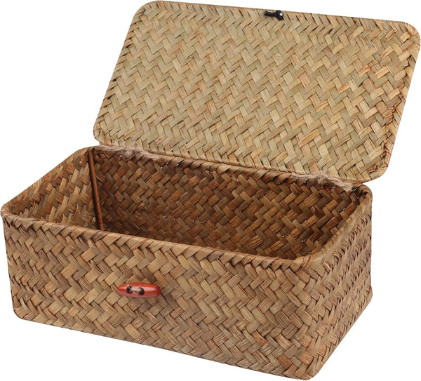 Wicker Shelf Baskets with Lid,Handwoven Seagrass Basket for Storage Basket Bins Rectangular Home Organizer Gift Boxes (Natural Small)1