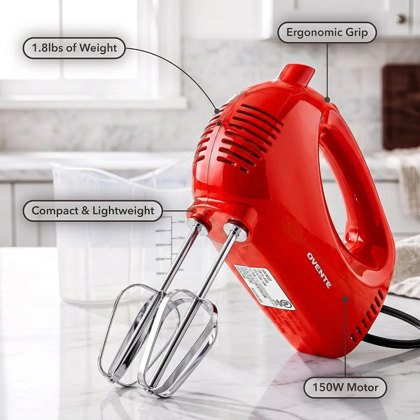 5-Speed Electric Hand Mixer with Storage Case,150W, Red HM151R | Stainless Steel Whisks, Compact Portable Design, Lightweight Handheld Mixer for Baking & Cooking4