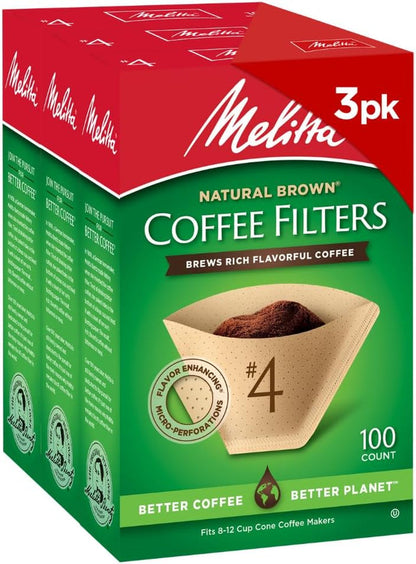 Melitta #4 Unbleached Coffee Filters, Premium, Natural Brown, Flavor Enhancing Coffee Filters for 8-12 Cup Coffee Makers, Kosher Certified, Compostable, 100 Count (Pack of 3)1