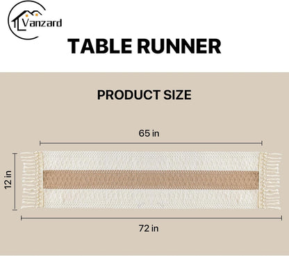 Boho Table Runner for Fall Home Decor with Tassels 72 Inches, Farmhouse Rustic Cream & Brown Table Runners for Bohemian Kitchen Summer Dining Table(12X72In, Fringe Included)3