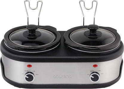 3.2-Quart Double Slow Cooker(1.6-Qt Each) W/Warm Settings, Stainproof Stoneware Pots and Glass Lids – Stainlesssteel2