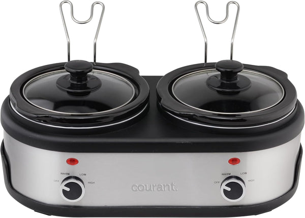 3.2-Quart Double Slow Cooker(1.6-Qt Each) W/Warm Settings, Stainproof Stoneware Pots and Glass Lids – Stainlesssteel2