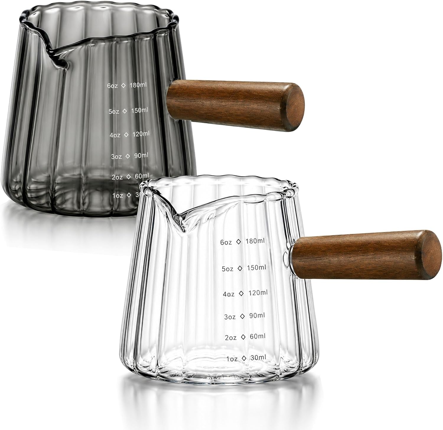 2-pack-espresso-shot-measuring-cups-6oz-clear-grey-ribbed-glass-espresso-cups-with-wood-handle-v-shaped-spout-oz-ml-markings-for-espresso-milk-frothing-latte-and-coffee-bar
