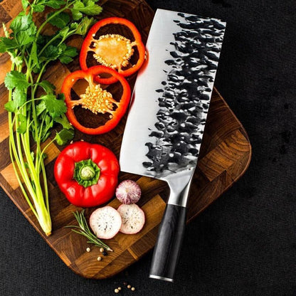 Meat Cleaver, Hammer Grain Forging Slicing Kitchen Knife Household Chopping Double Knife Chopping Bone Knives 5Cr15Mov7