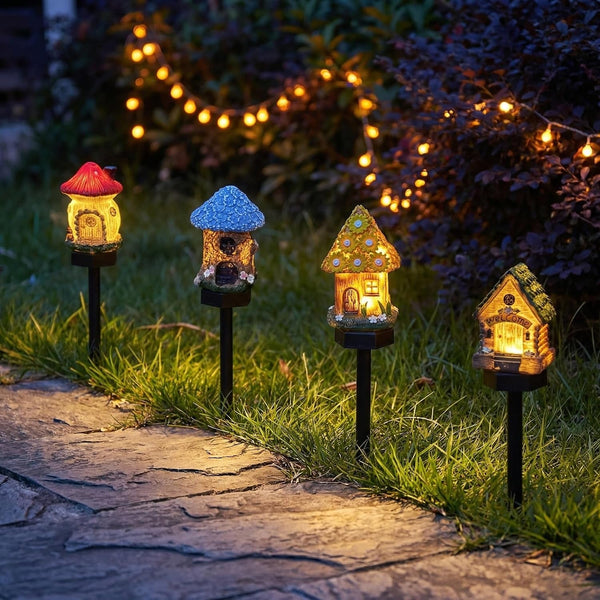 Solar Fairy House Garden Stake Lights, Resin Mushroom and Cottage Figurines, Outdoor Pathway Decor (Yellow)7