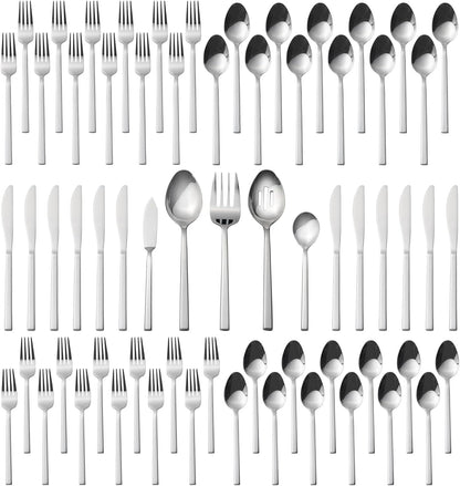 Cube 65-Piece Forged Stainless Steel Flatware Set Cutlery Set with Utensil-Serving Set, Silverware Set Service for 12, Mirror Finish, Dishwasher Safe1