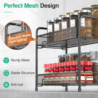 Spice Rack Organizer for Countertop, 2-Tier Foldable Metal Rust-Proof Standing Large Seasoning Storage Shelf with Guardrail and Mesh Design for Kitchen Cabinet Bathroom Living Room Pantry, Black5