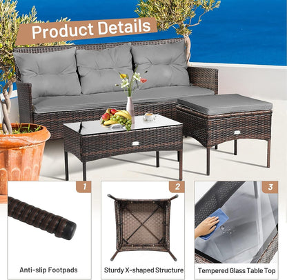 3 Pieces Patio Furniture Sectional Set, Rattan Wicker Conversation Set W/ 5 Cozy Seat & Back Cushions, Tempered Glass Coffee Table for Poolside, Balcony, Backyard Outdoor Furniture (Gray)7