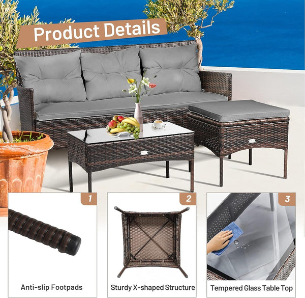 3 Pieces Patio Furniture Sectional Set, Rattan Wicker Conversation Set W/ 5 Cozy Seat & Back Cushions, Tempered Glass Coffee Table for Poolside, Balcony, Backyard Outdoor Furniture (Gray)7