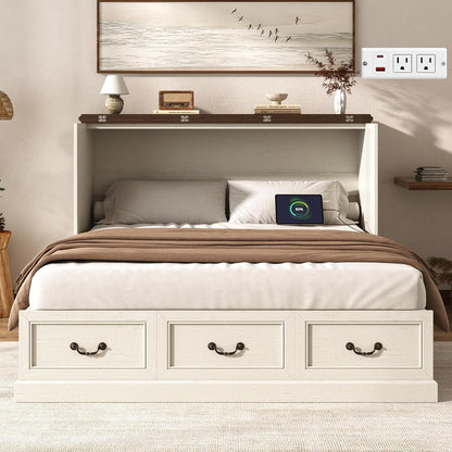 Full Murphy Bed with Storage Drawers, Farmhouse Folding Bed Chest with Charging Station, Hideaway Beds with Foldable Panel for Guest Bedroom, Living Room, Office, Distressed White1