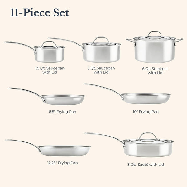 Everlast Clad Stainless Steel Pots and Pans Set, 11-Piece | Oven Safe to 500°F, Dishwasher Safe, Induction-Ready, Stainless Steel Cookware Set, Tri-Ply Clad for Even Heating2