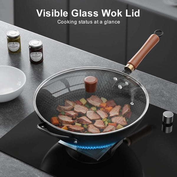 Wok with Lid, 13 Inch Carbon Steel Woks & Stir-Fry Pans Nonstick | Pre-Seasoned 5.6QT Flat Bottom Chinese Wok Pan with Lid, PFOA/PTFE Free Cookware Compatible with All Cooktops8
