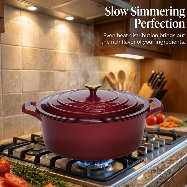 La Cuisine Enameled Cast Iron Oval Dutch Oven Casserole Dish Pot with Lid 5 QT Internal Matt Black Enamel Coating, Cranberry, Gold-Plated Stainless Steel Lid Handle, Oven Safe8