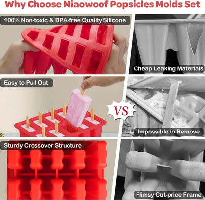 10-Cav Popsicle Molds, Silicone Ice Pop Mold for DIY Frozen Treats | with 10 Reusable Sticks, 50 Wooden Sticks, 50 Storage Bags, Funnel, Brush, Recipe, Make Healthy Pops, Smoothies, Juice3