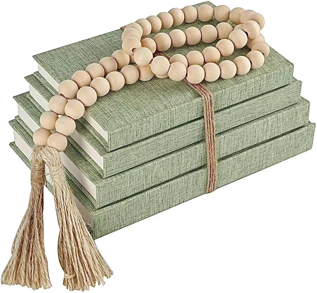 linen-decorative-books-for-home-with-wood-beaded-tassel-4-piece-sage-set-coffee-table-books-neutral-linen-decor-rustic-farmhouse-boho-accent-bookshelf-fireplace-mantel-living-room-display