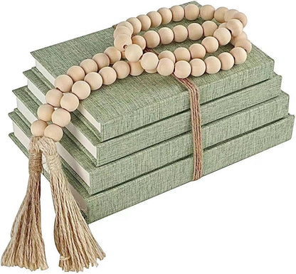 Linen Decorative Books for Home with Wood Beaded Tassel, 4-Piece Sage Set | Coffee Table Books, Neutral Linen Decor, Rustic Farmhouse Boho Accent, Bookshelf Fireplace Mantel Living Room Display1