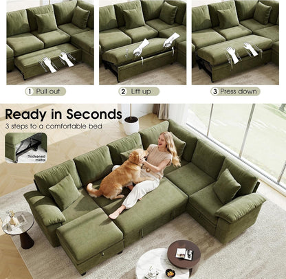 107.8" Modular Sectional Sleeper Sofa with Pull Out Bed, U Shaped 7 Seat Couch with 221L Storage, Convertible Cloud Couch Bed with Ottoman, Sectional Couches for Living Room, Apartment (Green)6