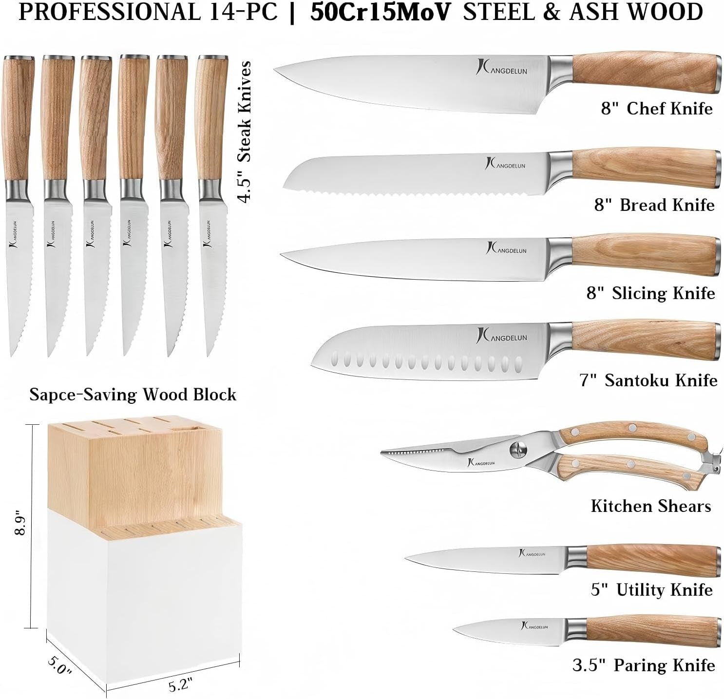 ultra-sharp-14-piece-kitchen-knife-set-high-carbon-stainless-steel-blades-torrefied-natural-wood-handles-ergonomic-design-space-saving-white-finished-wood-block-easy-hand-wash-gift-box