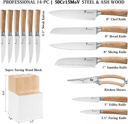 Ultra Sharp 14-Piece Kitchen Knife Set, High Carbon Stainless Steel Blades, Torrefied Natural Wood Handles, Ergonomic Design, Space-Saving White-Finished Wood Block, Easy Hand Wash, Gift Box2