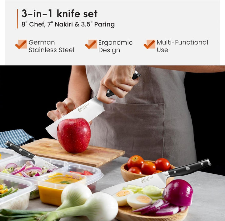 3-Piece Kitchen Knife Set – Includes 8” Chef Knife, 7” Nakiri, 3.5” Paring – High Carbon German Stainless Steel Blades, Ergonomic Handle – Versatile Knife Trio for Chopping, Dicing, and Slicing+2