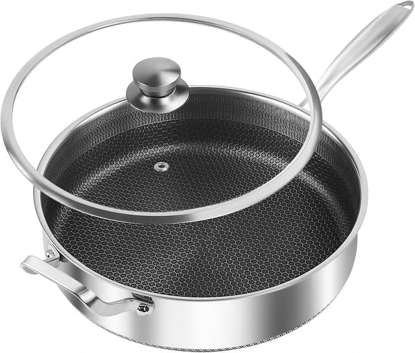Frying Pans Nonstick Wih Lid, Non Stick Tri-Ply Stainless Steel Saute Pan, 8 Quarts Large Sauté Pan, 13.5 Inch Induction Cooking Pan, Dishwasher and Oven Safe, PFOA Free1