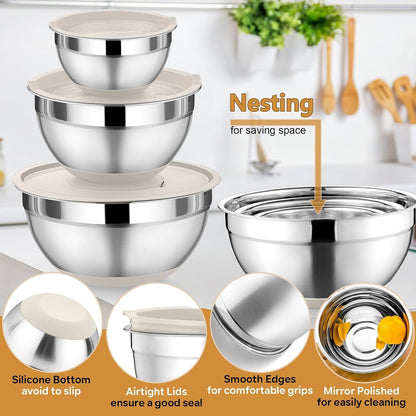 Mixing Bowl with Lid Set of 3, Stainless Steel Salad Bowls, Khaki3