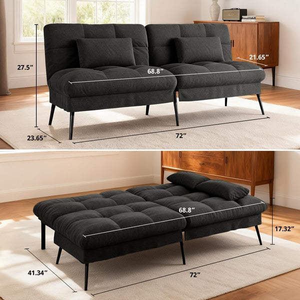 72″ Convertible Futon Sofa Bed, Adjustable Backrest, Black3