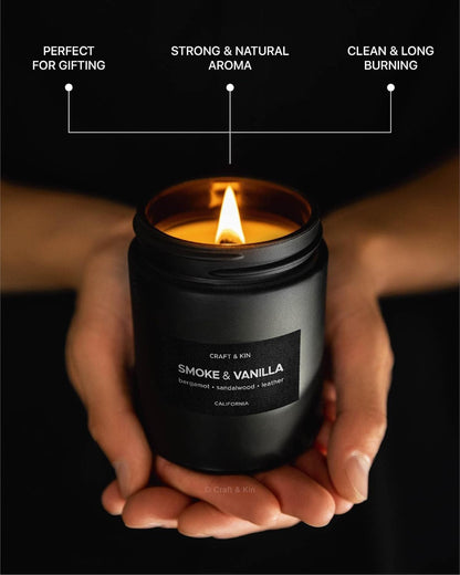 Premium Smoke & Vanilla Scented Candle – Long Lasting, 45 Hour Burn Time – Luxury Black Natural Soy Scented Candle for Men with Wood Wick – Room Decor and Aromatherapy – 7.6 Oz4