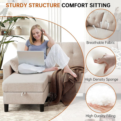 Sectional U Shape Sofa with Storage, 100" U Shaped 4 Seater Couch with 2 Movable Ottoman Chaises Polyester Fibre for Living Room, Beige3