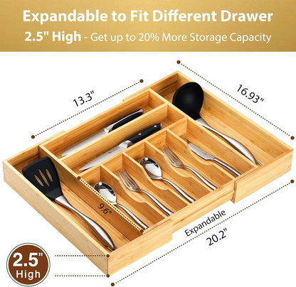 Large Expandable Kitchen Silverware Utensils Drawer Organizer, 2.5" Extra High Adjustable Drawer Divider with Curved Grooves, Bamboo Wood Cutlery Tray Flatware Holder2