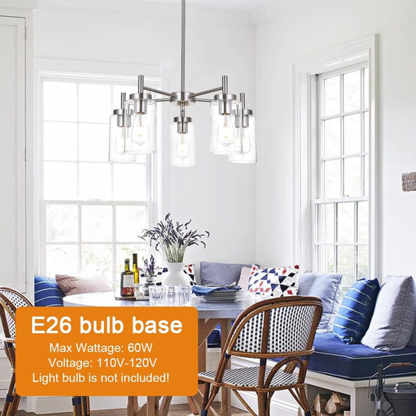 Contemporary 5 Light Large Chandeliers Modern Clear Glass Shades Pendant Lighting Brushed Polished Nickel Dining Room Lighting Fixtures Hanging Adjustable Wire Semi Flush Ceiling Lights3