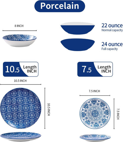 Porcelain Dinnerware Sets Service for 4, 12 Pcs Hand Drawn Plates and Bowls Sets, Handmade Ceramic Dish Set, Chip Resistant Modern Plate Set, Dishwasher/Microwave Safe，Vintage Blue2